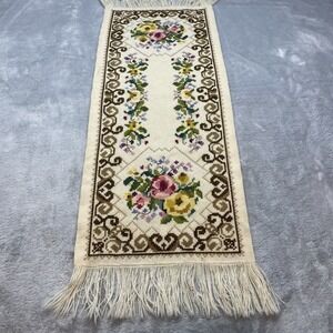 Vtg Handmade Cross Stitch Table Runner Dresser Scarf 12"x35" Victorian Floral
